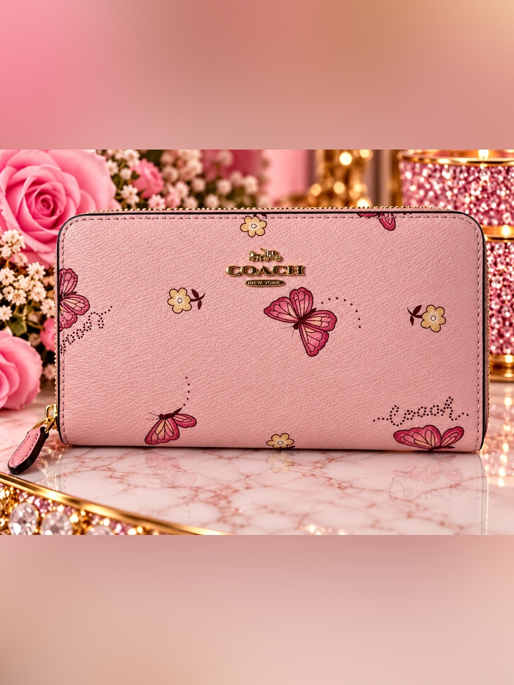 Coach Pink Butterfly Floral Leather Wallet